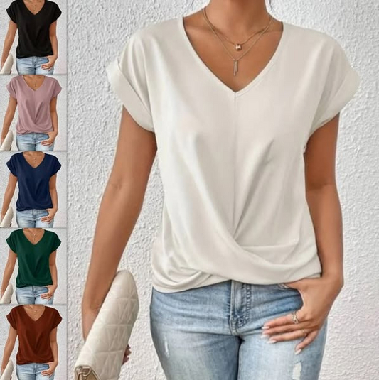 Afslappet kortærmet elegant T-shirt med V-hals og snoet front