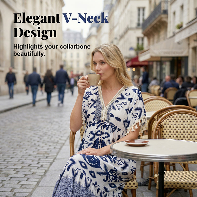 🌼Printed Casual Dress With V-Neckline and Fringes on the Short Sleeves