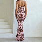 Fishtail Hem Floral Print Prom Dresses