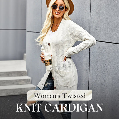 Women's Fall Casual Long Sleeve Button Down Open Front Cable Knit Cardigan Sweater Coat
