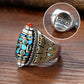 Turquoise Six-character Mantra Nine-eyed Dzi Bead Ring