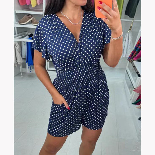 💝Polka Dot V-Neck One-piece Shorts Jumpsuit