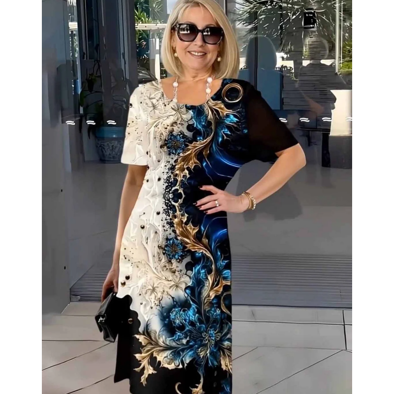 Women's Summer Floral Print Round Neck A-Line Short Sleeve Dress